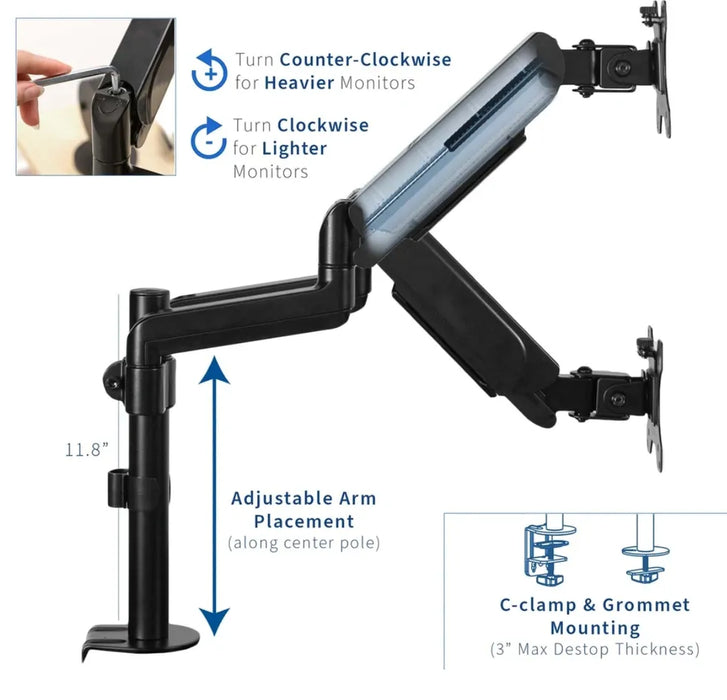 Black Clamp-On Pneumatic Monitor Arm